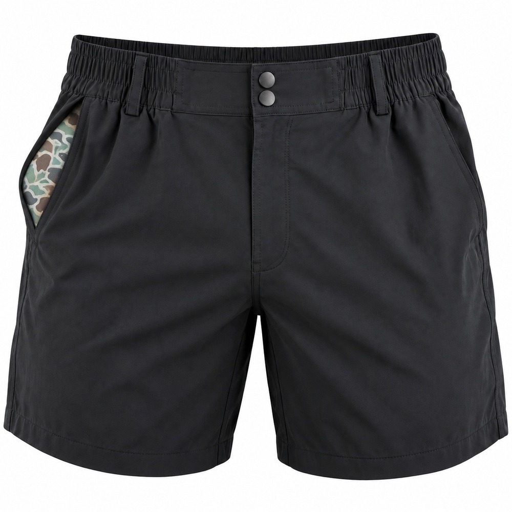 BURLEBO Everyday Shorts Mens S 5.5 Matte Black Retro Duck Camo Stretch